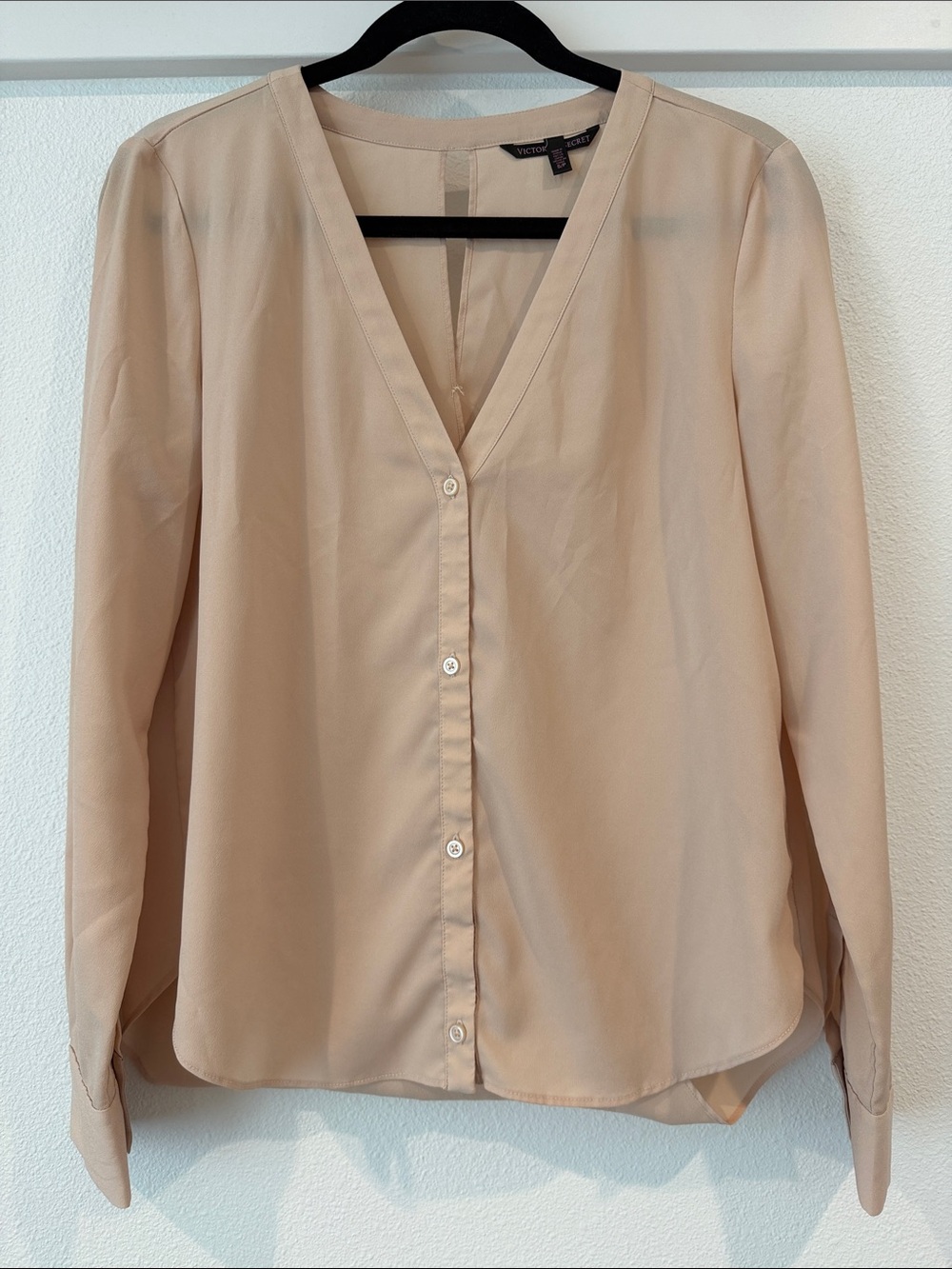 Victoria's Secret Light Beige Button-Front V-Neck Blouse with keyhole back